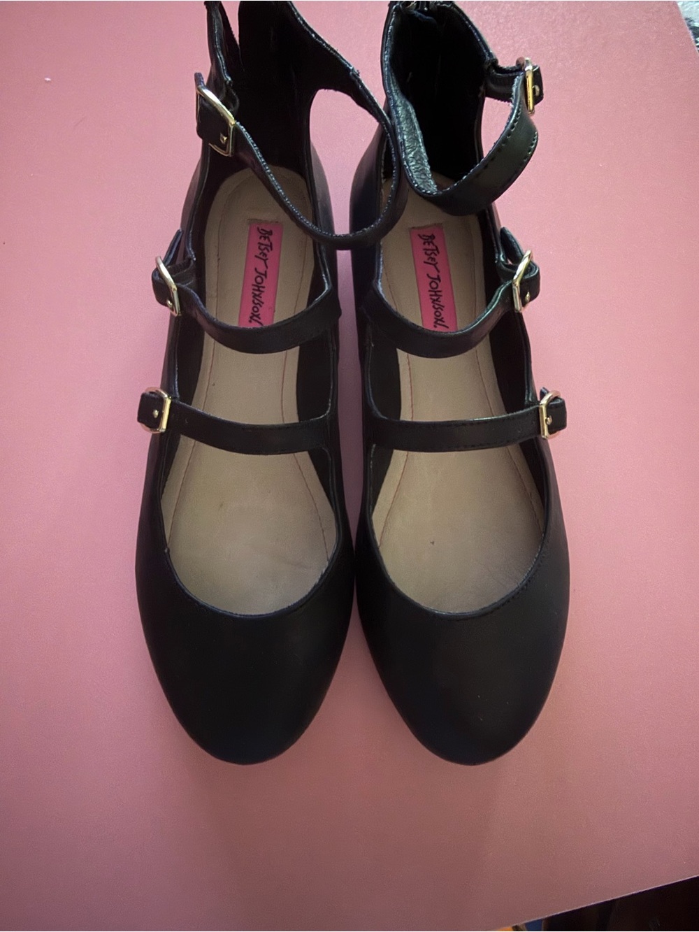 Betsey Johnson Black Triple-Strap Mary Jane Flats with Gold Buckles